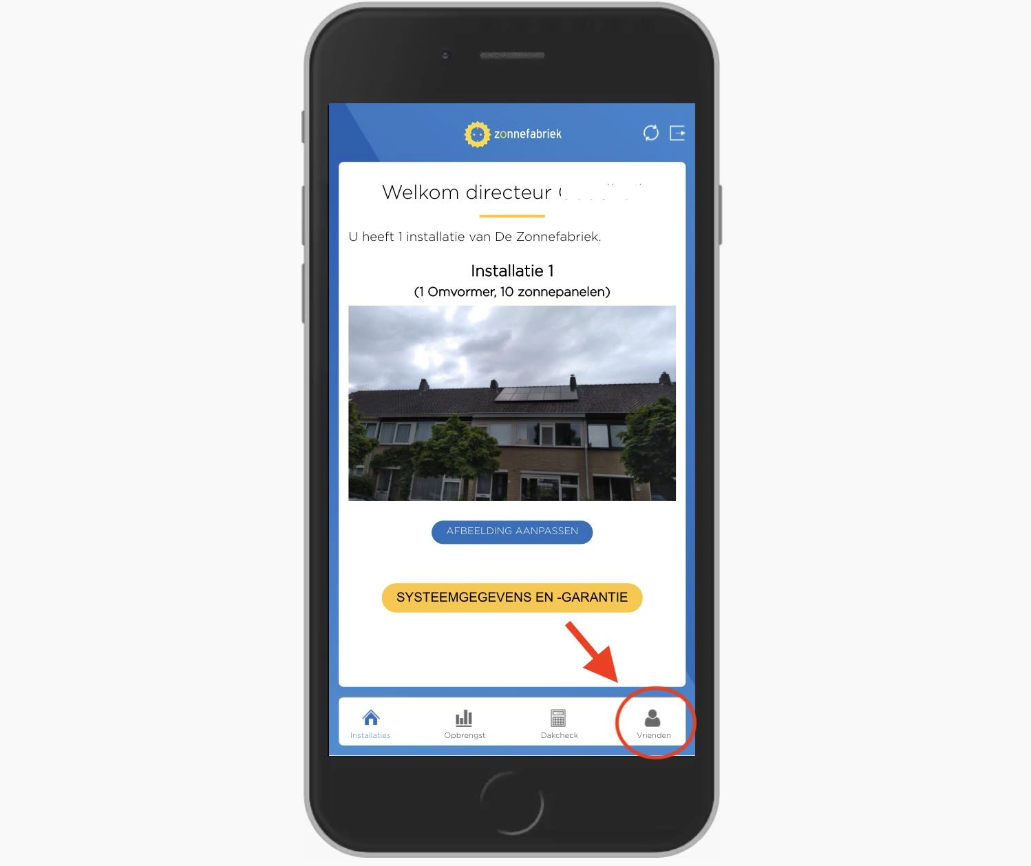 Beginscherm van Mijn Zonnefabriek met rechts onderin het icoon voor vrienden